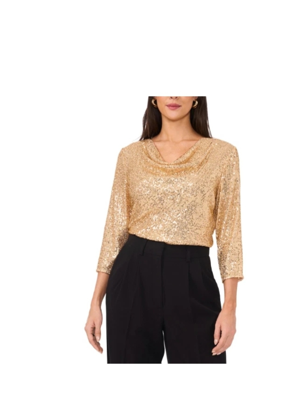 Vince Camuto Women's Sequined Cowlneck 3/4-Sleeve Top Gold NWT